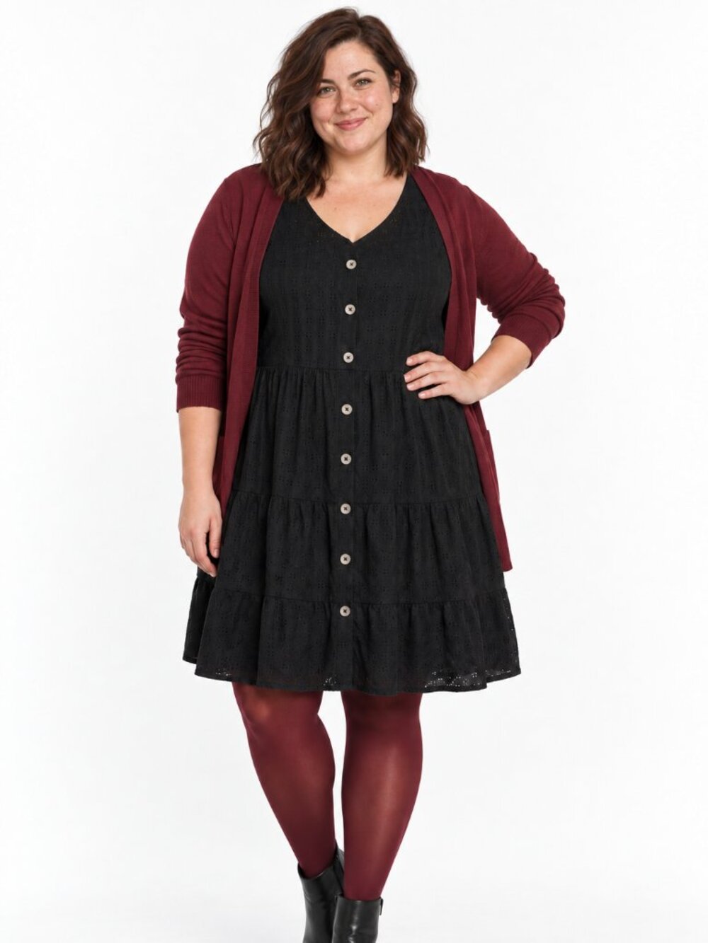 Sonoma XXL Black Embroidered Eyelit Tiered Button Up Knee Length Dress